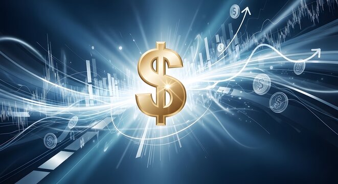 Golden dollar sign glowing against blue financial market data background with abstract lines and floating coins representing global economic growth and investment wealth in digital era today.