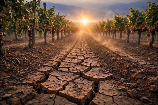 Droughtstricken vineyard with cracked dry earth under a golden sunset