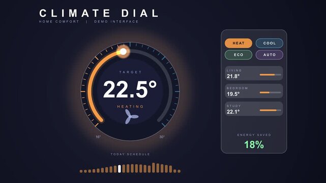 Digital climate control dial animating temperature settings with futuristic interface and ambient glow