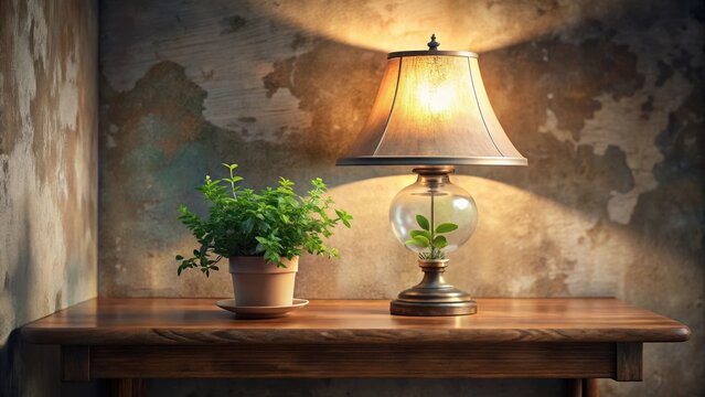 A delicate antique lamp rests on a dusty vintage shelf its translucent shade cradling a tiny emeraldgreen plant within