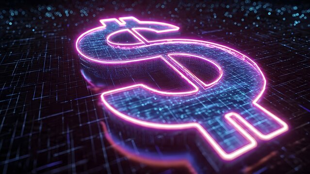 Futuristic glowing neon dollar symbol set on electronic circuit board background representing digital money cryptocurrency finance banking technology innovation data transfer virtual currency concept.