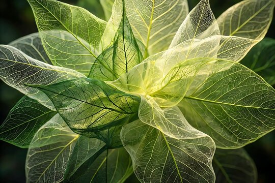 Closeup of translucent skeleton leaves with intricate vein patterns in shades of green and light yellow