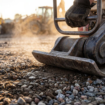 Close-up of a professional plate compactor compacting gravel on a construction site at sunset