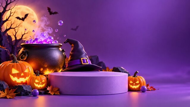 Halloween product display podium with glowing pumpkins, a witch hat, and a boiling magical cauldron against a spooky purple full moon night background