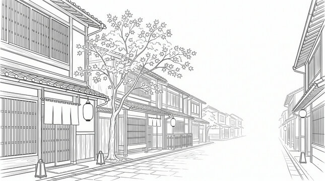 伝統的な町家が連なる京都風の和風街並みと楓の木を描いたパース線画