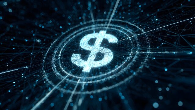 Blue glowing dollar sign centered in complex digital network data connection abstract background representing global financial technology digital asset management and cyber banking security concept.