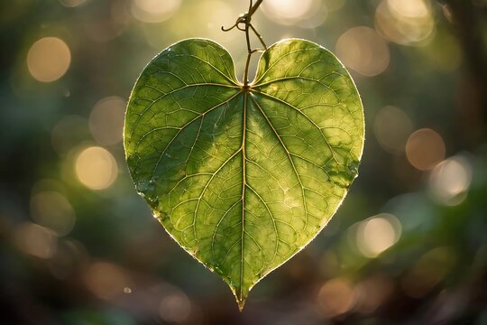 A beautiful heartshaped green leaf illuminated by soft sunlight in a natural forest setting