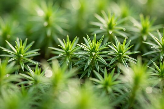 Closeup of vibrant green star moss plants with tiny water droplets in a forest setting