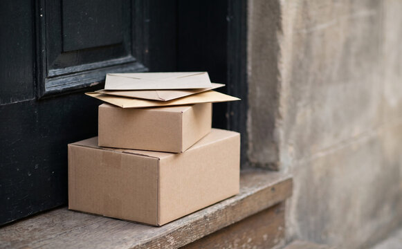 Delivery boxes and letters stacked on a doorstep representing online shopping and mail delivery service concepts