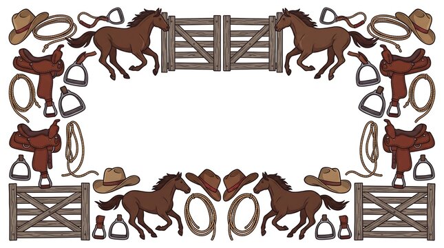 Western ranch vector border template with horses, saddles, and gates