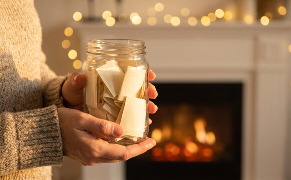 Woman holding a gratitude jar filled with paper notes by a cozy fireplace at home