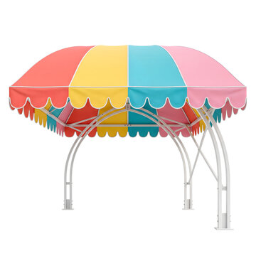 Colorful carnival tent canopy with curved metallic frame isolated background.