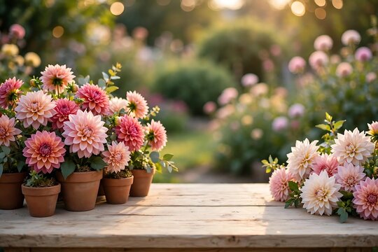 Beautiful pink dahlia flowers in terracotta pots on a wooden table in a sunlit garden