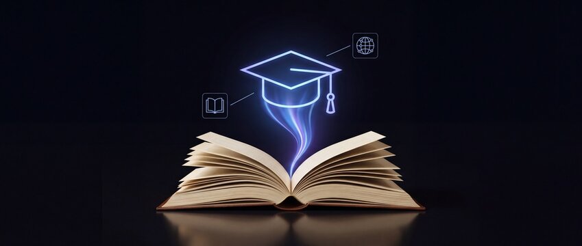 Open book emitting a glowing graduation cap symbol and data points, representing knowledge transfer, learning, digital education, and achievement, with a dark background