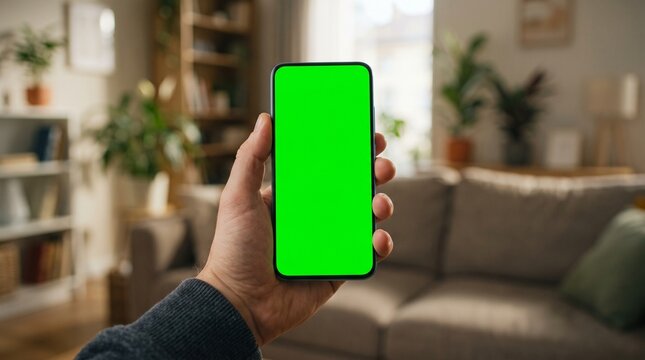 Man Holding Smartphone with Green Screen Mockup in Home Living Room