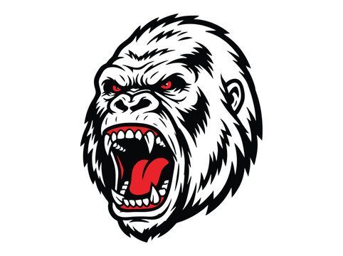 Angry gorilla mascot head vector, aggressive silverback ape with red eyes and open mouth, fierce primate sports logo illustration