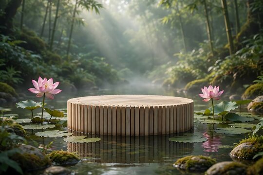 Wooden product display podium in a serene misty pond with blooming lotus flowers and bamboo forest background