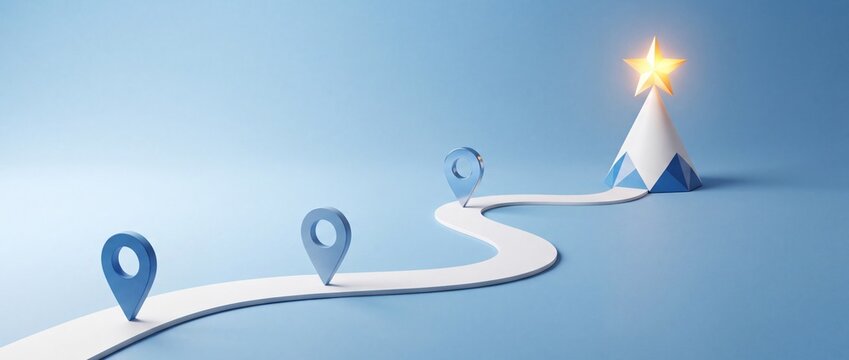 Path to success visualized with map pins and a shining star at the destination, representing goals and achievement