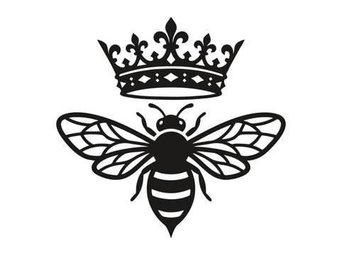 Minimalist queen bee logo with royal crown, black honeybee silhouette vector, heraldic insect emblem for luxury branding and organic honey labels
