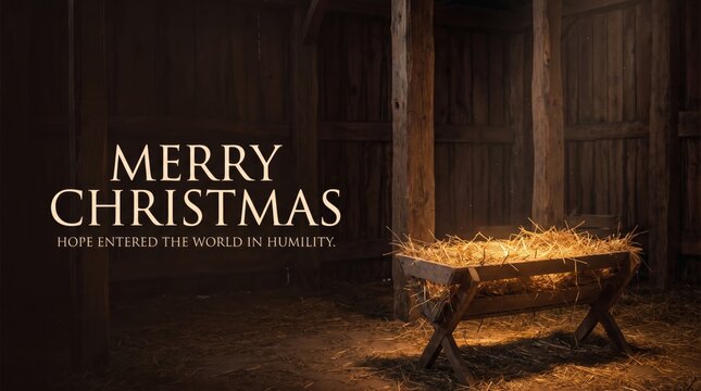 Merry Christmas greeting card with empty manger in rustic stable setting.