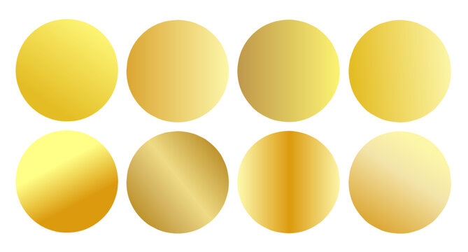 Collection of eight golden yellow gradient circles with smooth metallic shading and elegant luminous color transitions