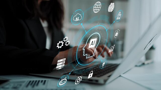 Business professional using a laptop with artificial intelligence icons and technology symbols in a modern office environment for digital transformation concept. Entropy.