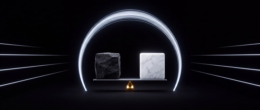 Balance of contrasting textures, a rough dark stone cube opposite a smooth light marble cube, under a glowing digital archway, symbolizing choice or comparison