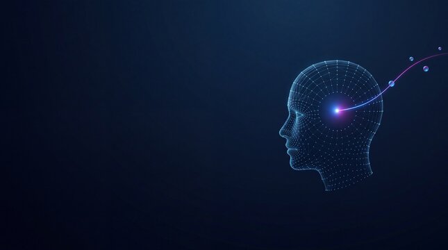 Abstract digital human head outline formed by glowing particles and lines, representing artificial intelligence and futuristic technology concepts, data transfer
