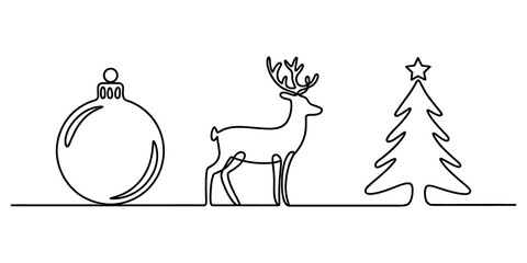 Continuous line drawing of christmas tree reindeer and ornament bauble isolated on transparent background © MituRani