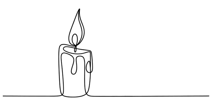Continuous single line drawing of a burning candle with a flame isolated on transparent background