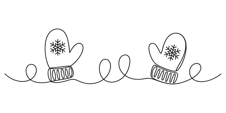 Continuous line drawing of winter mittens with snowflake patterns isolated on transparent background