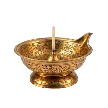 Traditional Antique Gold Brass Diya Oil Lamp with Engraved Floral Motifs Transparent PNG Cutout
