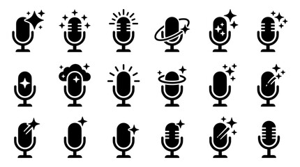 A set of 18 black microphone vector icons with sparkles, sound waves, and planetary rings © Bunny
