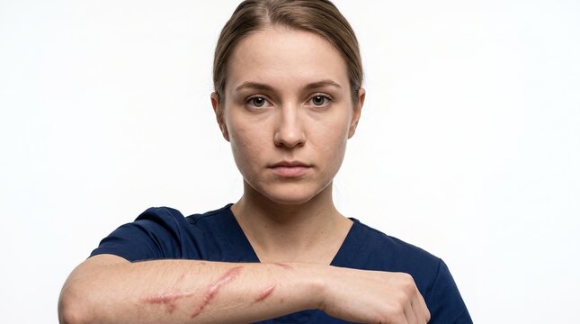 Portrait of a female nurse in scrubs showing severe red keloid scars on her forearm