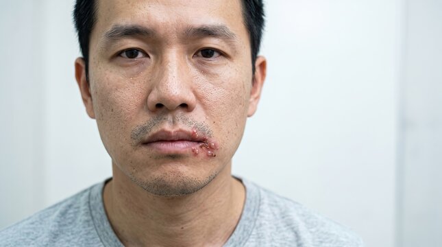 Portrait of an Asian man suffering from herpes labialis cold sores on his lower lip looking directly at camera