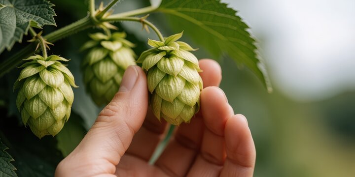 Close up of a hand harvesting fresh green hops in a field, perfect for brewing and agricultural concepts