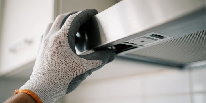 A worker wearing safety gloves installing a stainless steel kitchen extractor hood