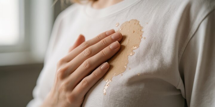 Young adult woman touching a coffee stain on her white t-shirt, concept of accidental clothing damage and laundry cleaning