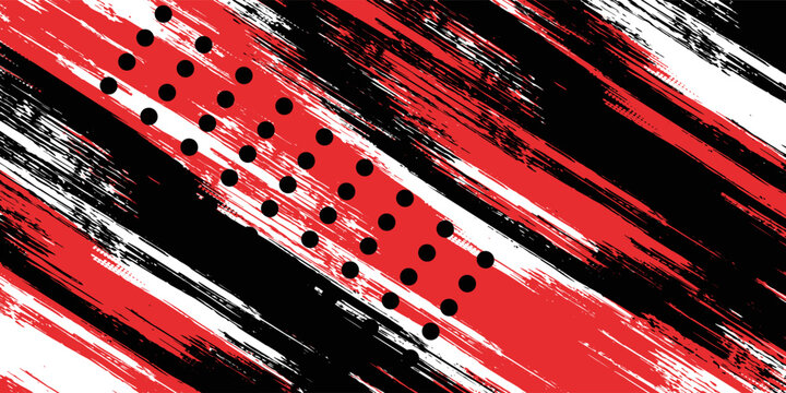 Sapuan kuas putih dan hitam diagonal berpotongan dengan titik-titik halftone pada latar belakang merah.