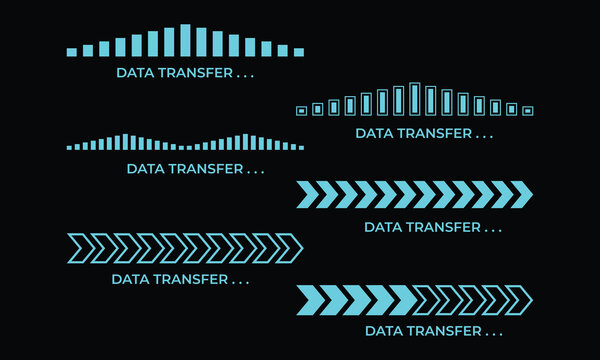 Futuristic data transfer vector set featuring waveform bars, digital signals, and chevron arrows for network communication and technology interfaces
