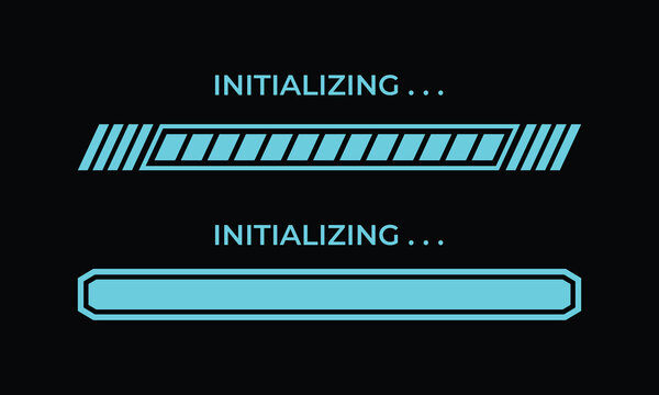 Cyan initializing progress bar vector set featuring diagonal striped fills and outlined horizontal indicators for system startup screens, software interfaces, and futuristic dashboards.