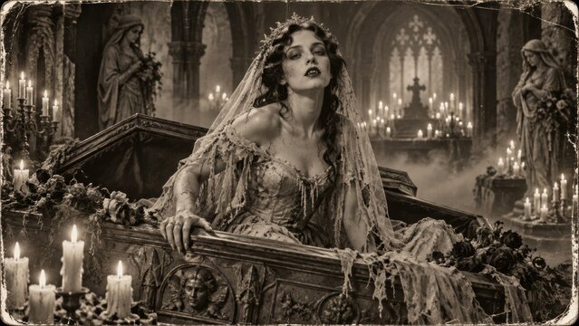 Vampire bride woman rising from ornate coffin in candlelit gothic church, vintage sepia horror illustration. Dracula legend, undead wedding, macabre Halloween atmosphere