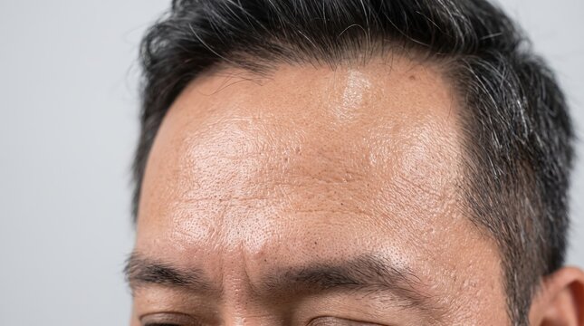 Close-up of an Asian man's forehead showing oily skin large pores and fine lines