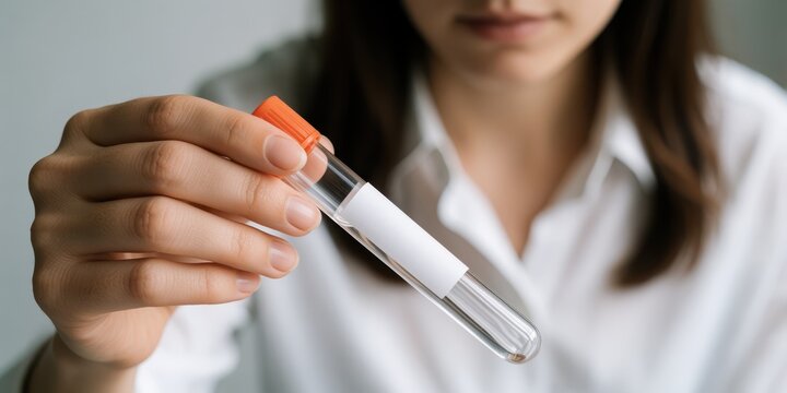 Young adult woman holding a clear medical test tube with an orange cap in a laboratory setting for clinical research and healthcare diagnostics