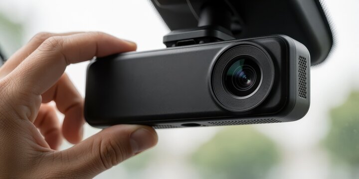 Person installing a modern black dash cam on a car windshield for vehicle security and road safety recording