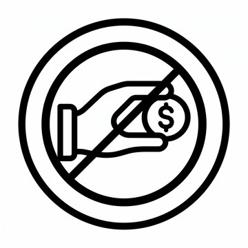 Black outline icon showing hand holding coin in restriction circle