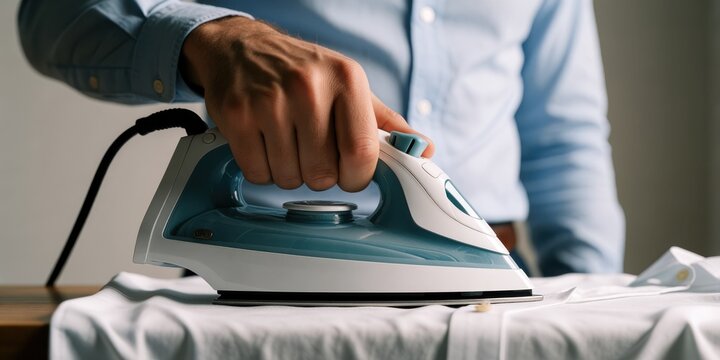 Close-up of adult man ironing a white shirt on a wooden table at home, concept of household chores and daily routine