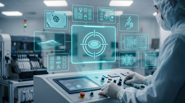 A mechatronics technician in a white cleanroom suit operating a calibration console with a futuristic holographic data overlay for silicon wafer etching process