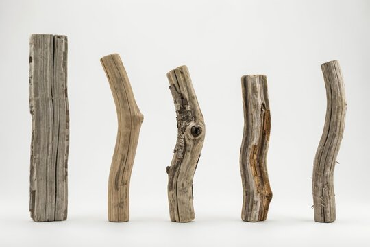 Five pieces of weathered driftwood logs of various shapes and textures isolated on white background