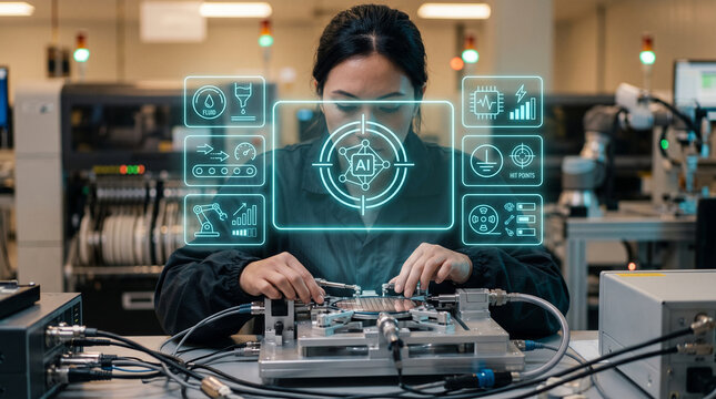 Close-up of a female mechatronics technician operating a precision silicon wafer alignment jig with a futuristic holographic AI interface overlay in a high-tech lab